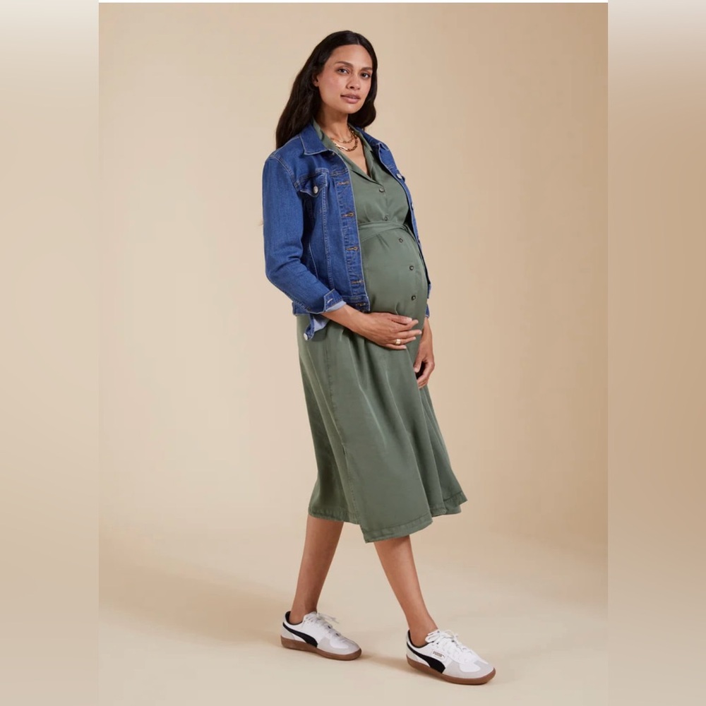 Isabella Oliver Kelsey Maternity & Nursing Dress, Olive Green Midi Shirt Dress - Picture 4 of 14